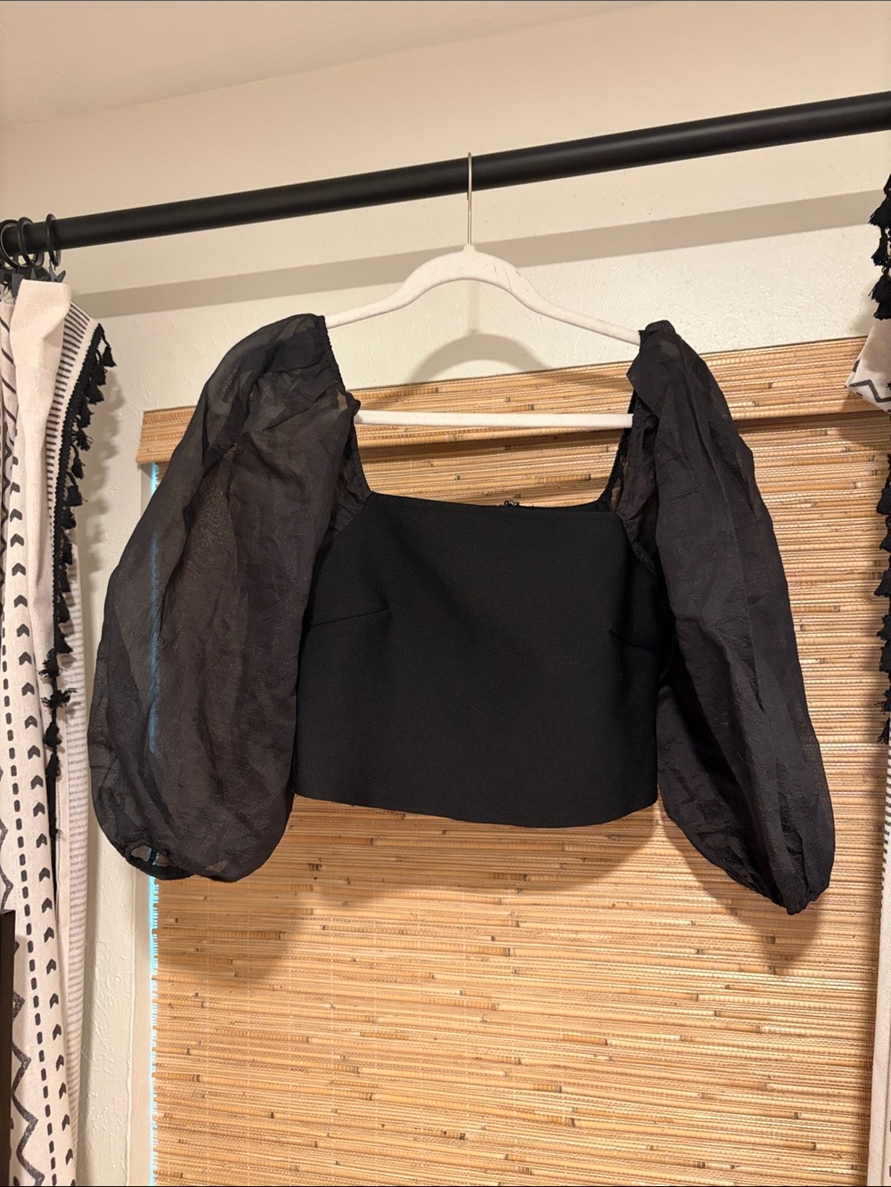 Black Puff-Sleeve Square Neck Crop Top